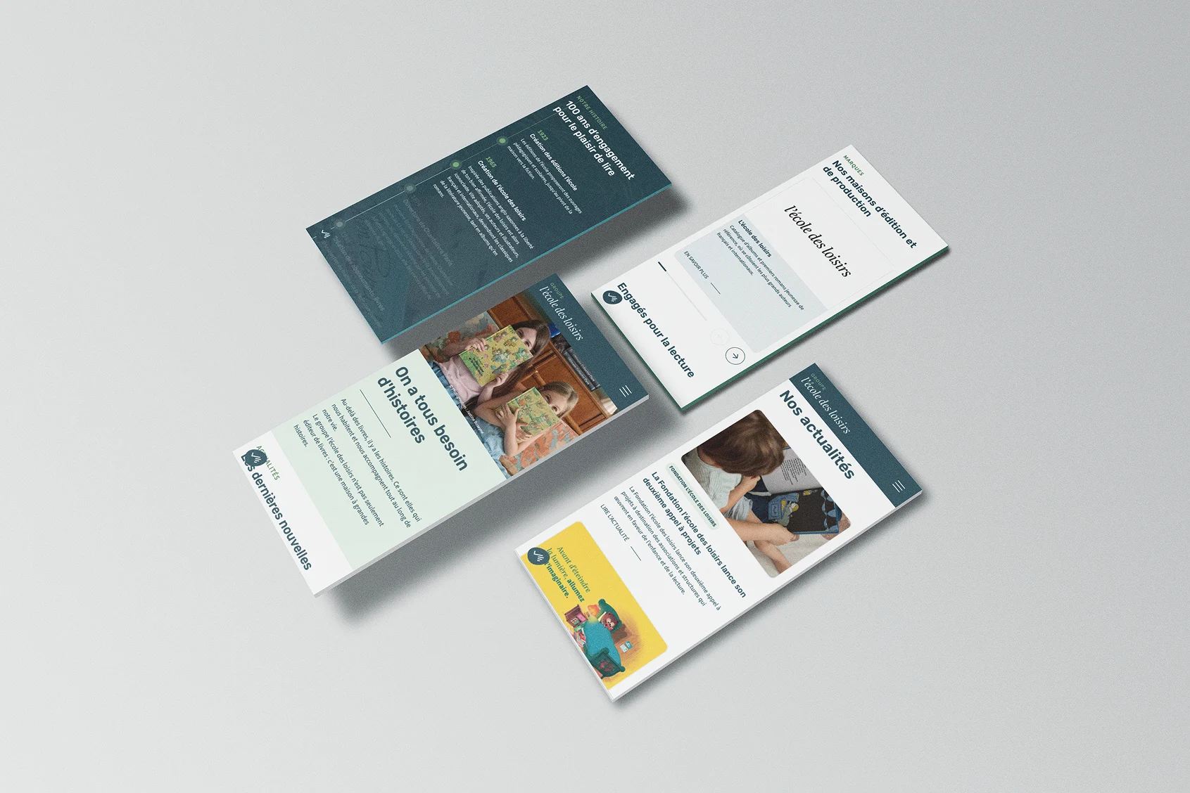 quatre écrans mobile qui montrent le site École des Loisirs