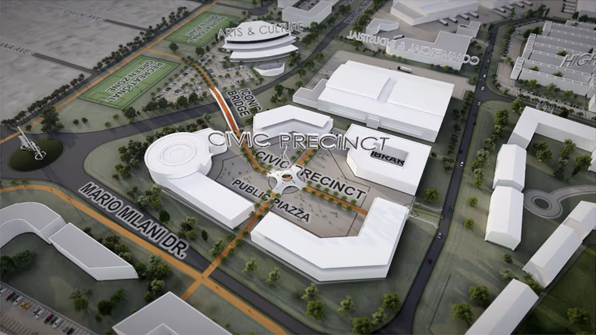 3D map rendering of a Civic Precinct area with labeled buildings, roads including Mario Milani Dr., and zones like Arts & Culture and Commercial & Industrial.