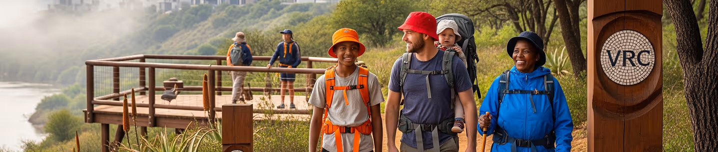 A diverse group of hikers, including a man carrying a baby, a woman with a walking stick, and a boy in an orange hat, walking along a trail near a wooden viewing platform overlooking a river and forested hillside.