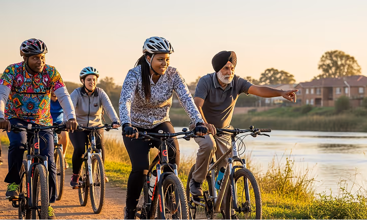 A diverse group of four adults wearing helmets cycling on a path beside a lake during sunset, with one man pointing ahead.