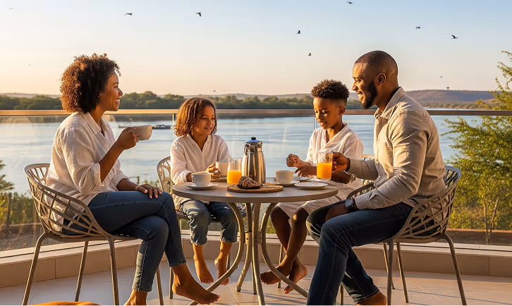 Family of four sitting around a table on a balcony, enjoying breakfast with orange juice and coffee, overlooking a river at sunrise.