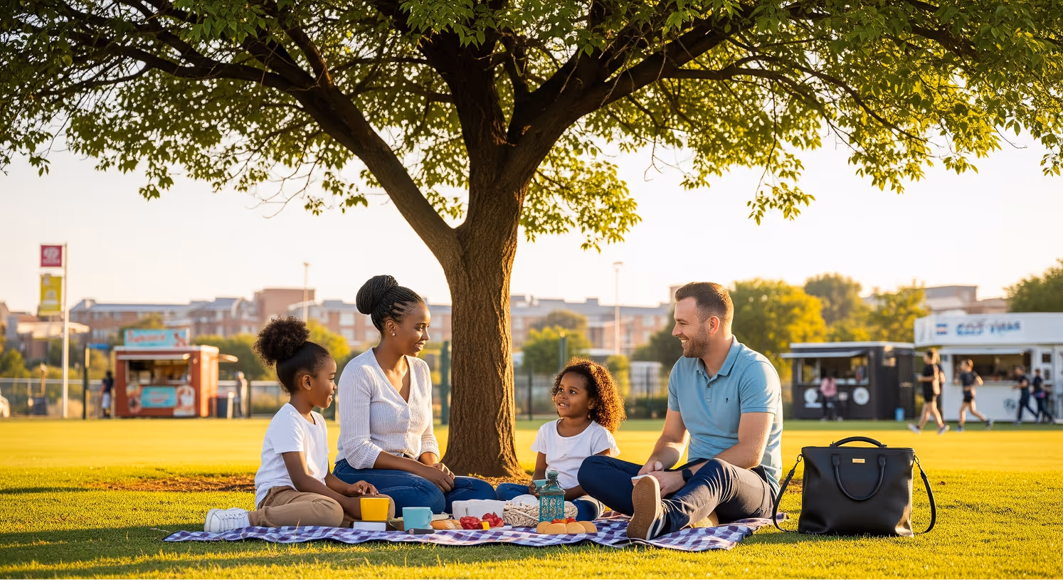 Family of four having a picnic under a tree in a sunny park.