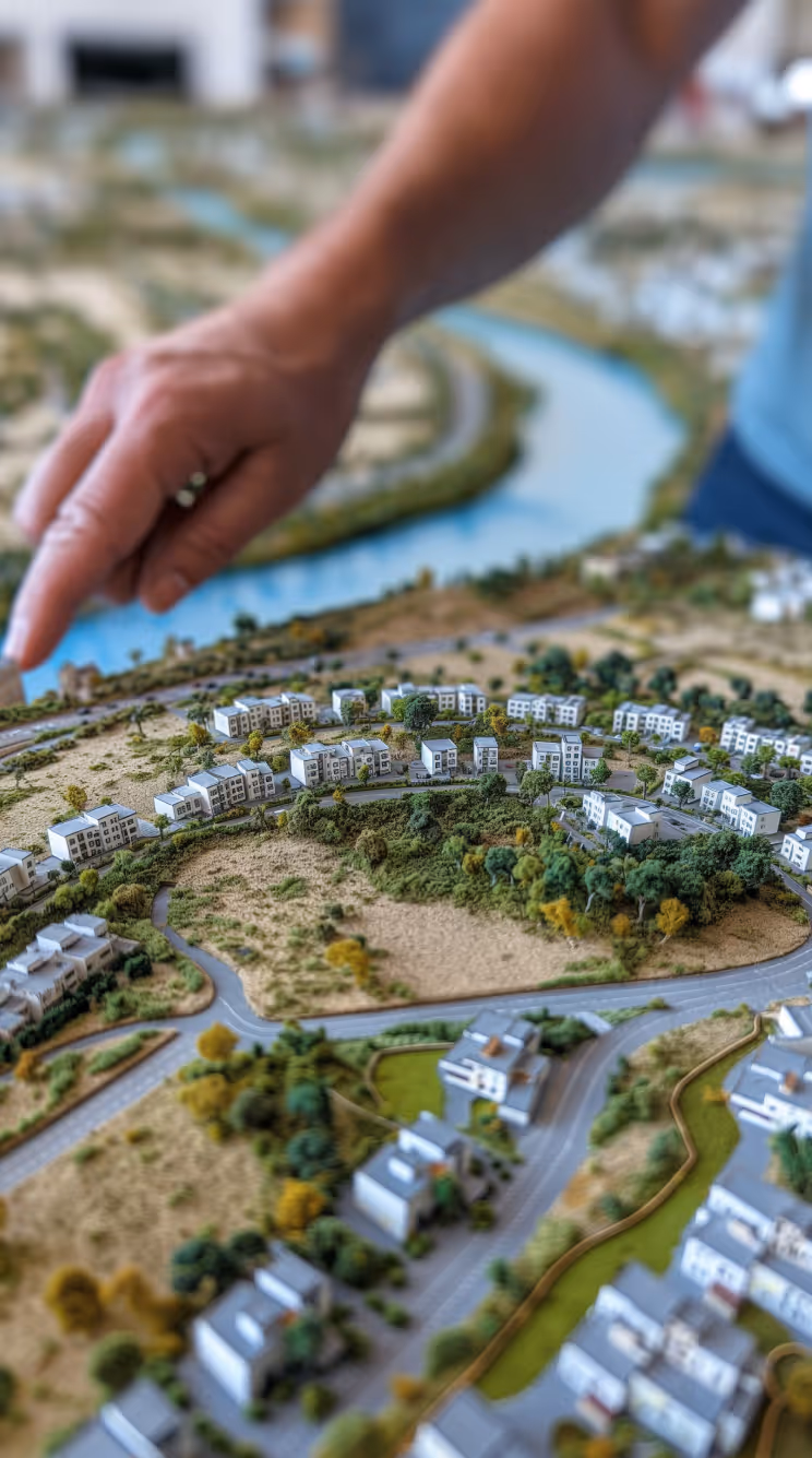 Detailed miniature model of a residential neighborhood with roads, houses, trees, and a hand pointing over the model.