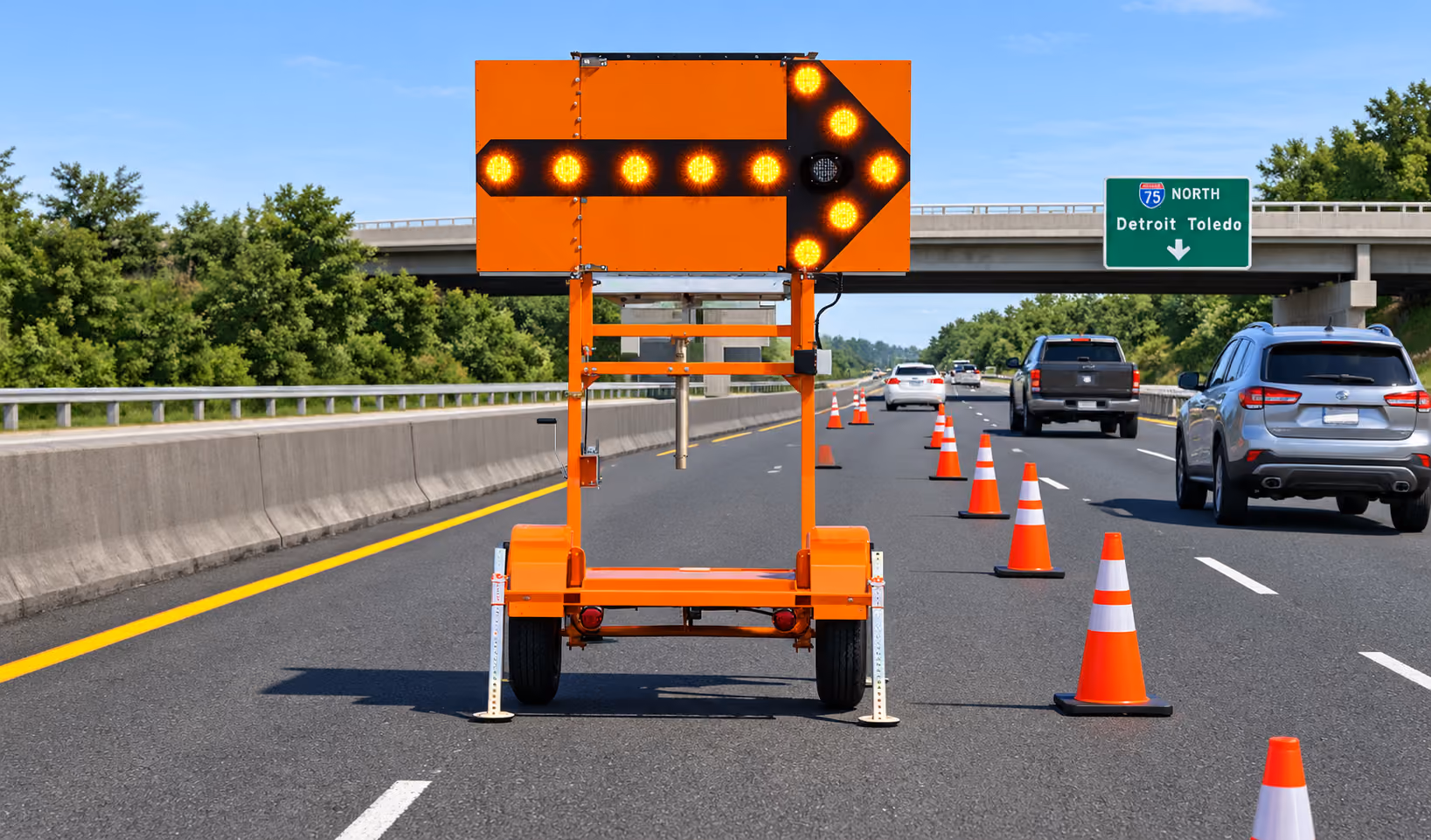 TS&L arrow board directing highway traffic at a lane closure