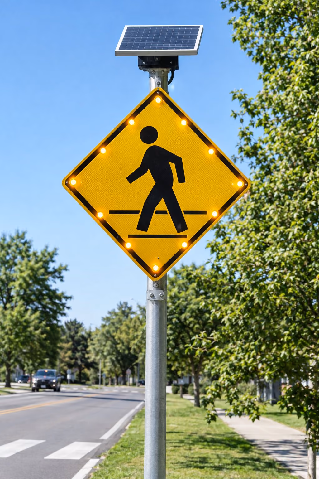 LED flashing pedestrian crossing sign with illuminated warning lights