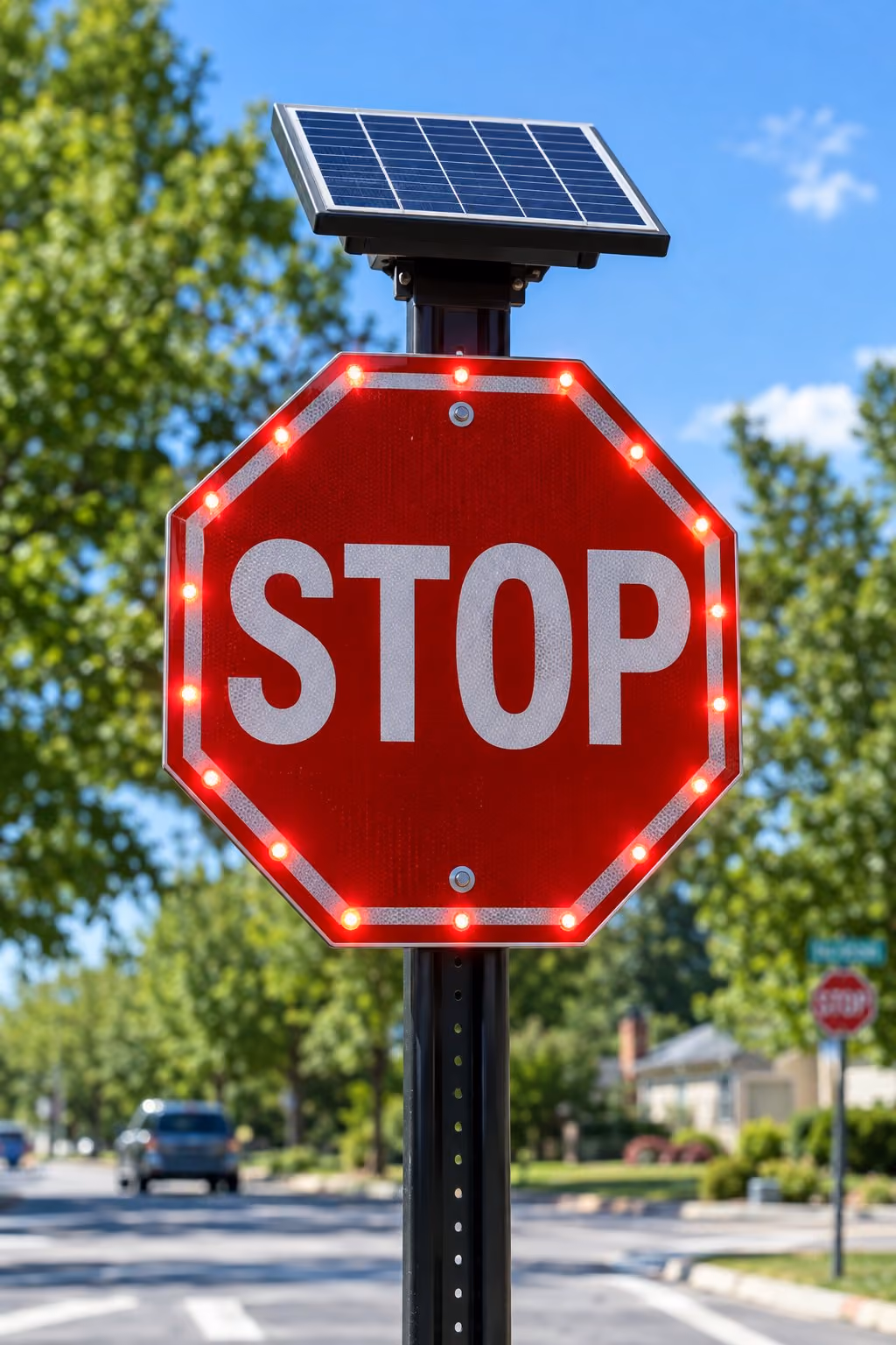 Solar-powered LED flashing STOP sign with illuminated red warning lights