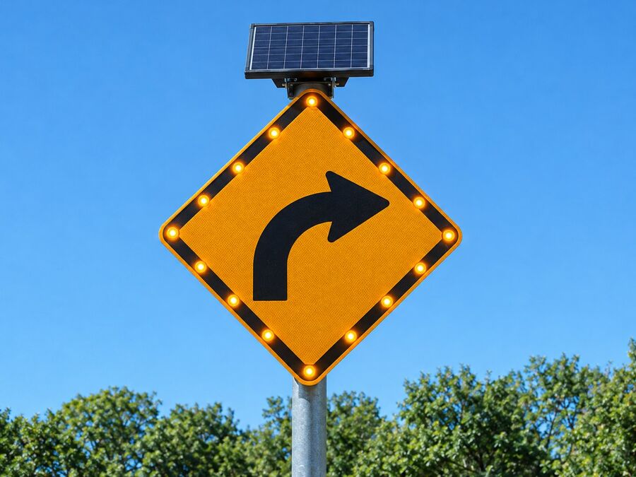 Solar-powered LED flashing right-curve warning sign beside a roadway