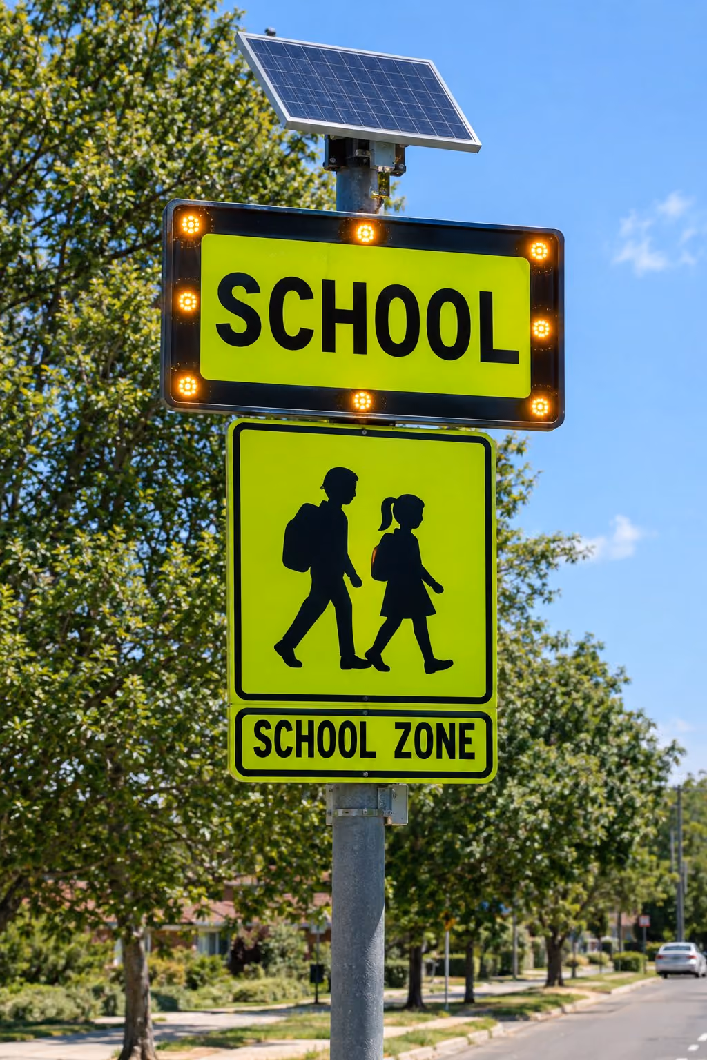 Fluorescent yellow-green school zone sign with pedestrian crossing symbols