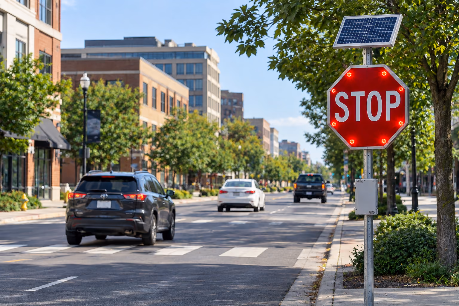 Solar-powered LED flashing STOP sign at an urban intersection with approaching vehicles