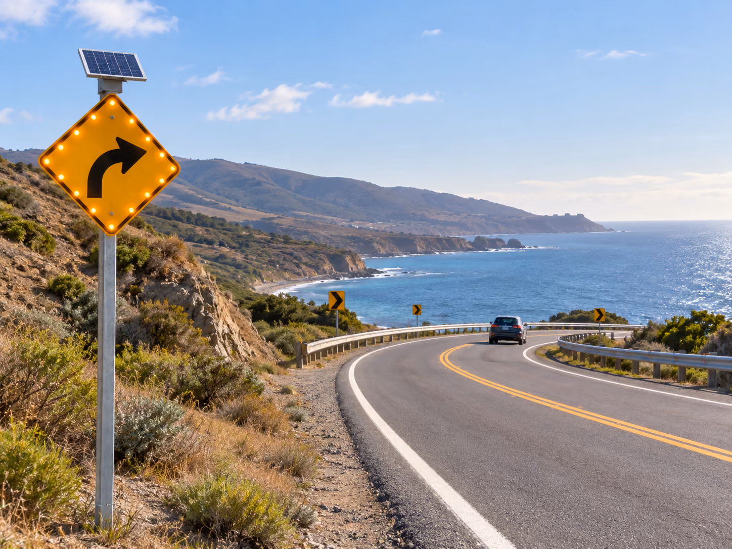 Solar-powered LED flashing right-curve warning sign along a winding coastal highway