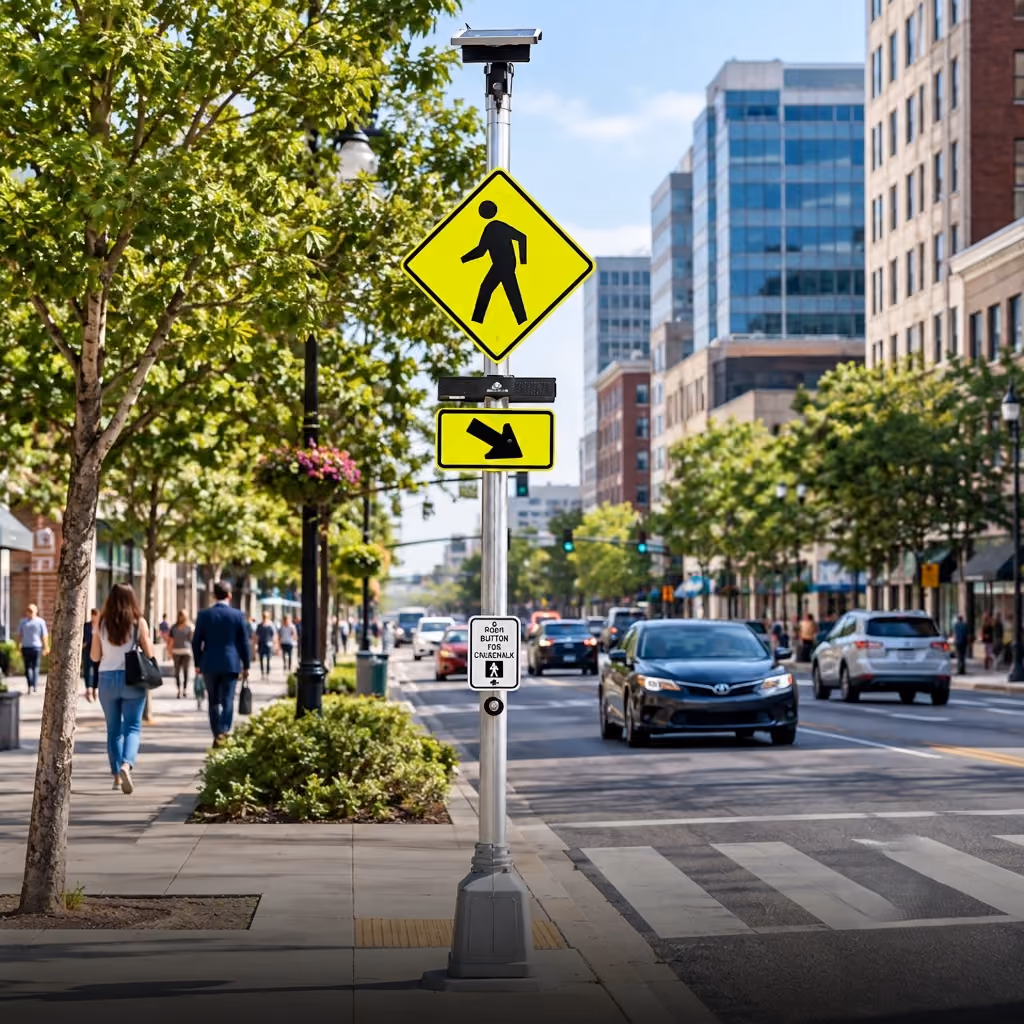 LED-enhanced pedestrian crossing sign beside an urban road with vehicle traffic
