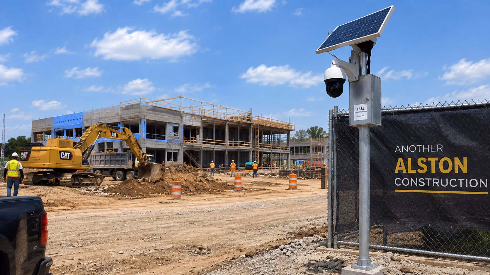 Solar security camera monitoring a construction site