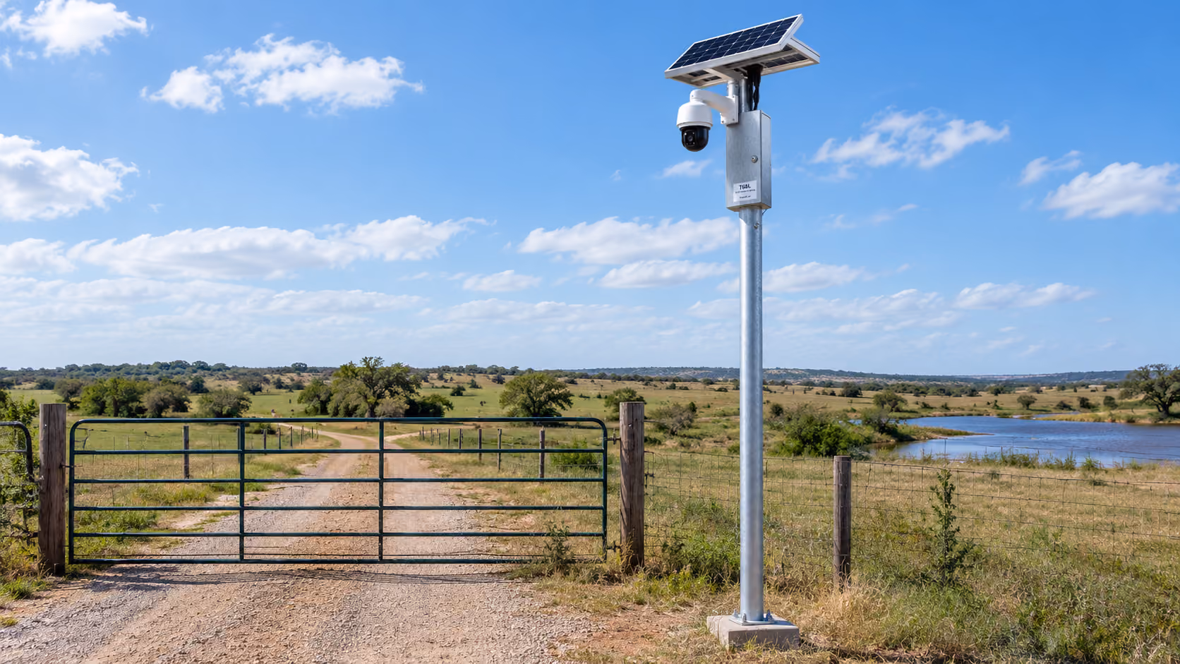 Solar wireless security camera monitoring a remote property