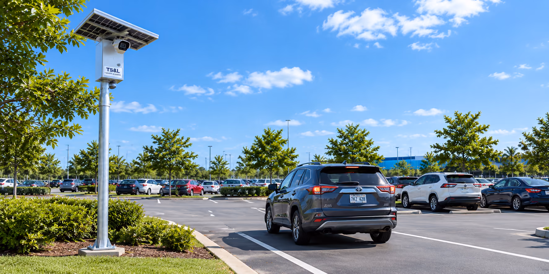 HAWK solar security camera monitoring a parking lot
