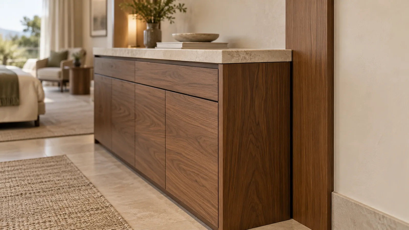 Close view of a walnut cabinet meeting a stone top, timber wall panel and finished wall.