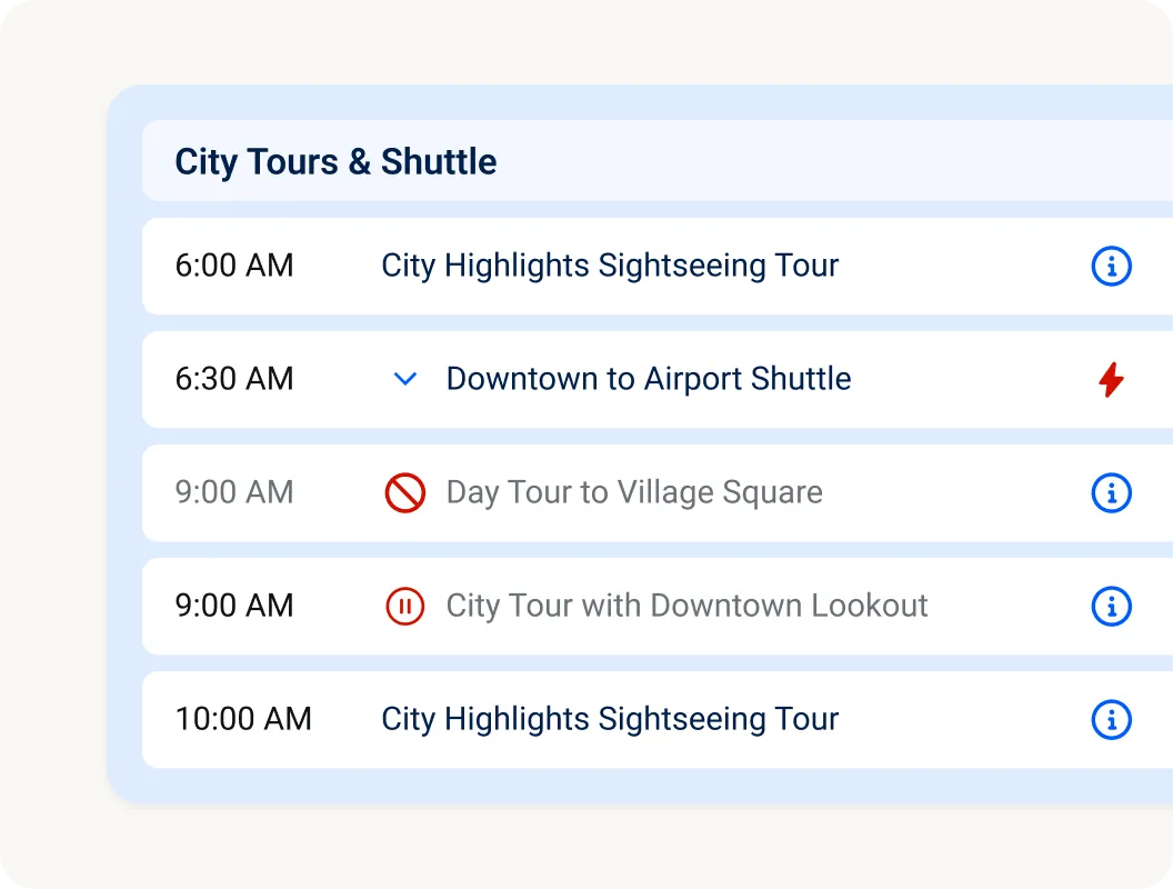 List of city tours and shuttle routes representing seamless passenger transfers.