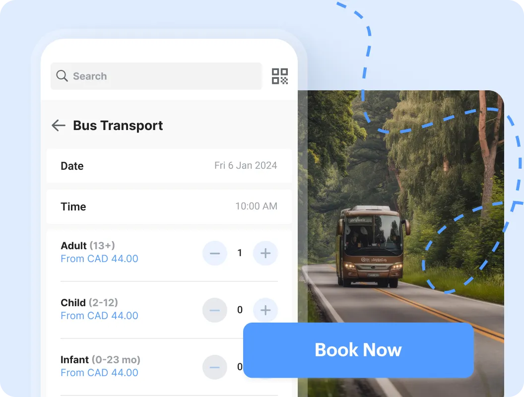 Bus on the road with an online ticket booking interface showing age options for passengers