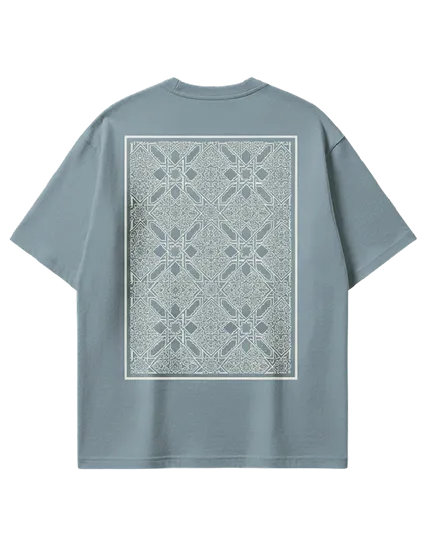 A blue t - shirt with a white pattern on it.