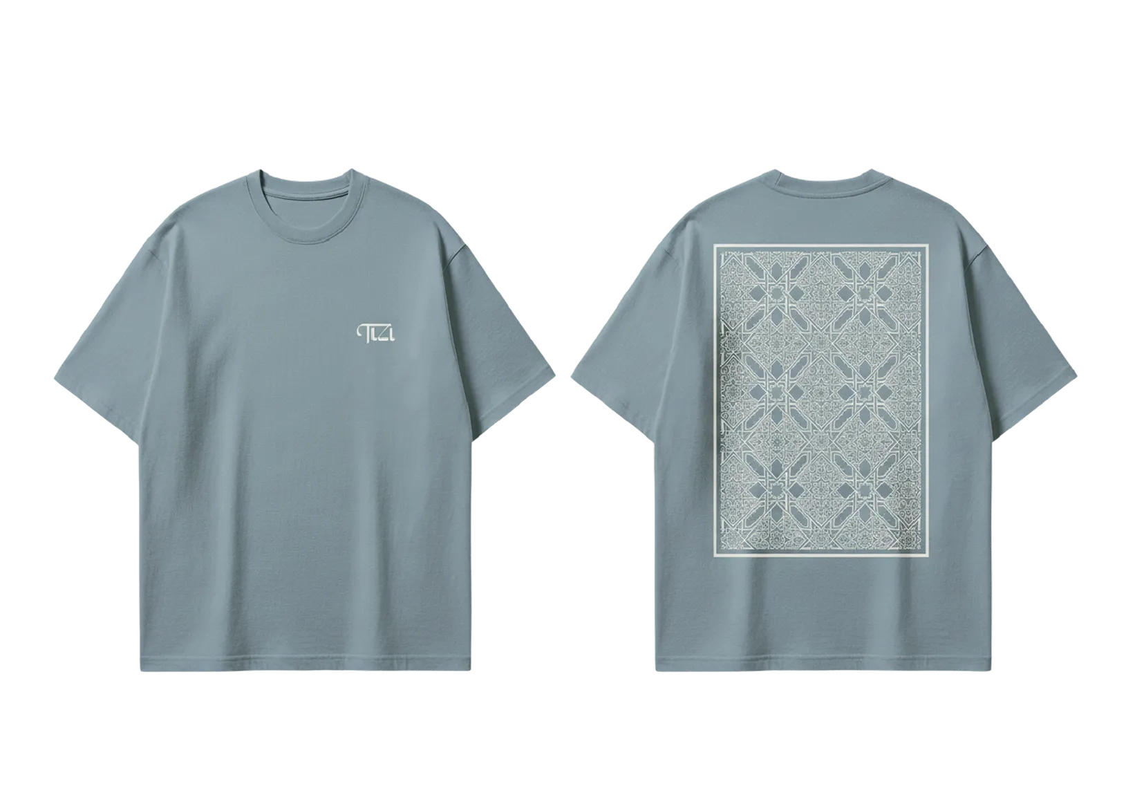 A blue t - shirt with a white design on the chest.