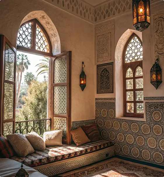 A room with a couch and two windows.