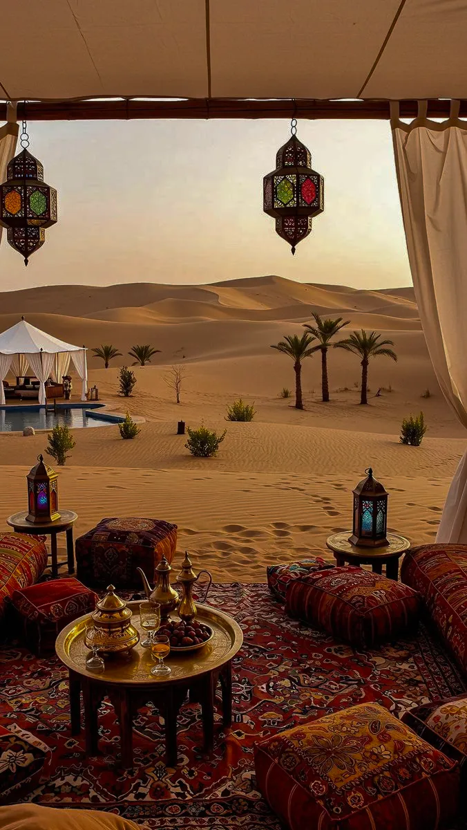 Sièges de campement désertique avec coussins à motifs, service à thé en laiton sur table, palmiers et dunes au coucher du soleil.