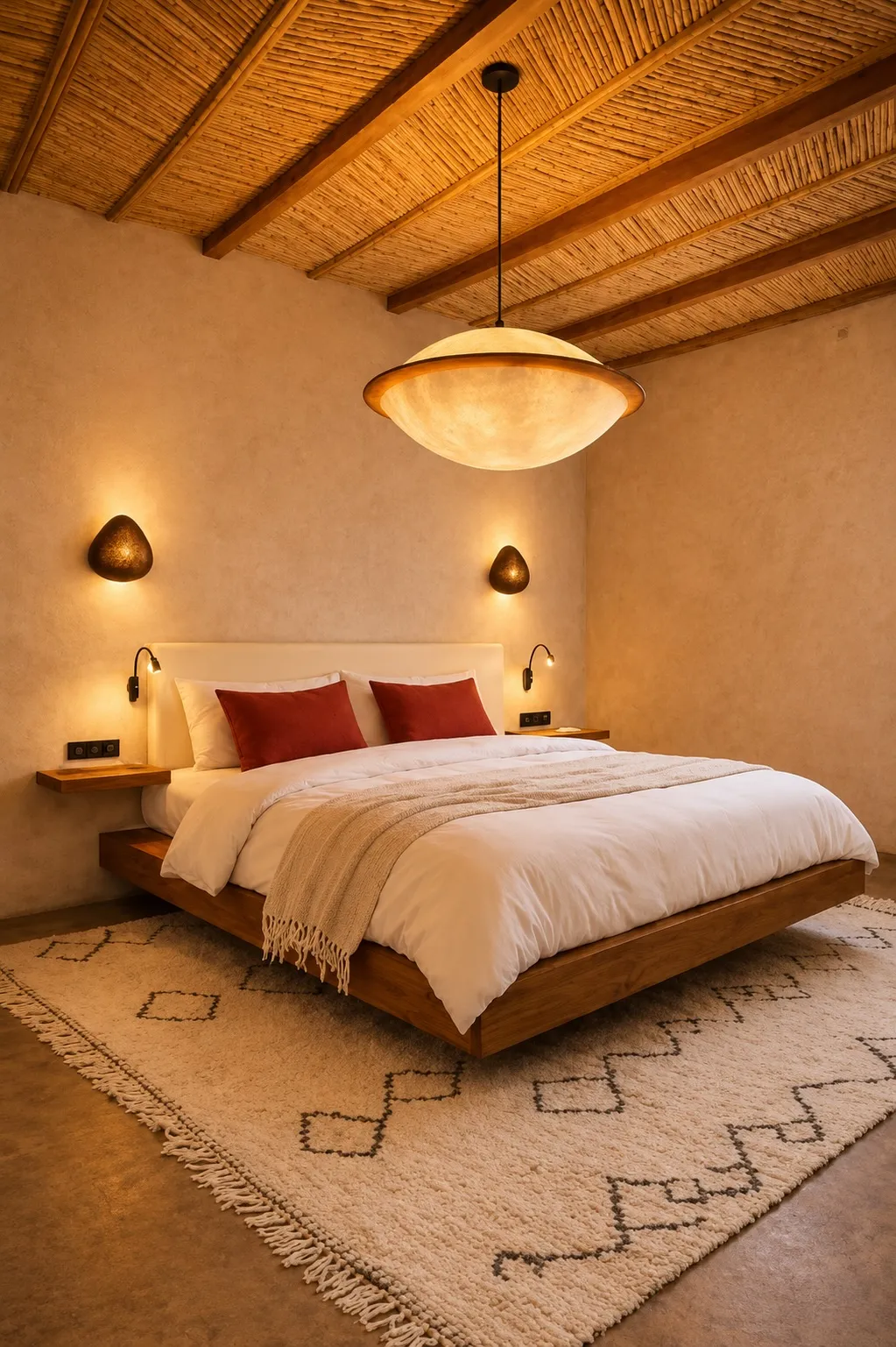 Cozy rustic room with wooden ceiling, two orange cushioned benches, small table, and patterned wall hangings.