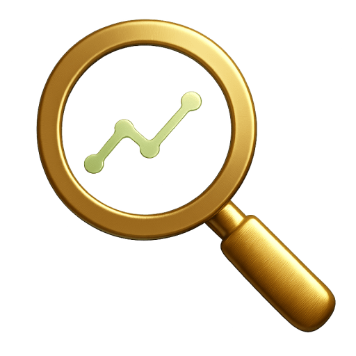 Goldene Lupe mit einem ansteigenden Diagramm im Inneren.