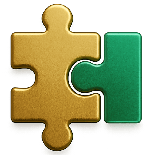 Ein goldfarbenes Puzzlestück mit einem grünen Puzzlestück, das rechts angeschlossen ist.