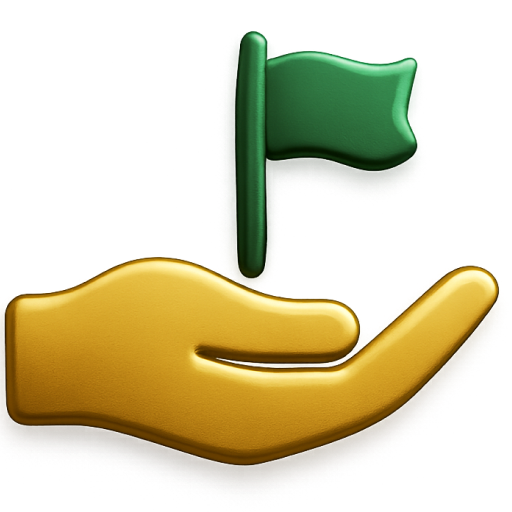 Aufrechte gelbe Hand, die eine grüne Flagge hält.