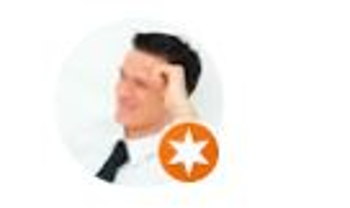 Verschwommenes Porträt eines Mannes in weißem Hemd und schwarzer Krawatte mit einem orangefarbenen Sternsymbol.