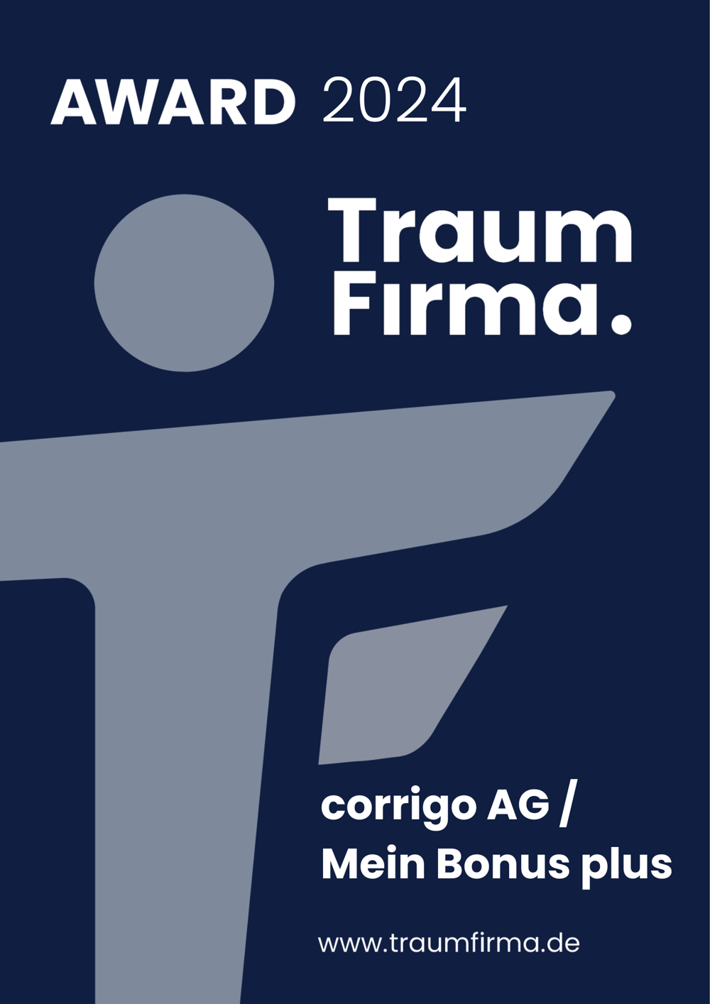 Award 2024 Traum Firma mit stilisiertem Logo und Text corrigo AG / Mein Bonus plus auf dunkelblauem Hintergrund.