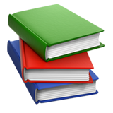 Drei übereinanderliegende Bücher mit grüner, roter und blauer Einband.