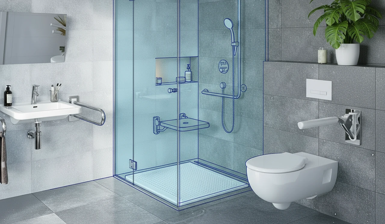 Zeigt Ergebnis: barrierefreies Bad mit bodengleicher Dusche, unterfahrbarem Waschtisch und erhöhtem WC.