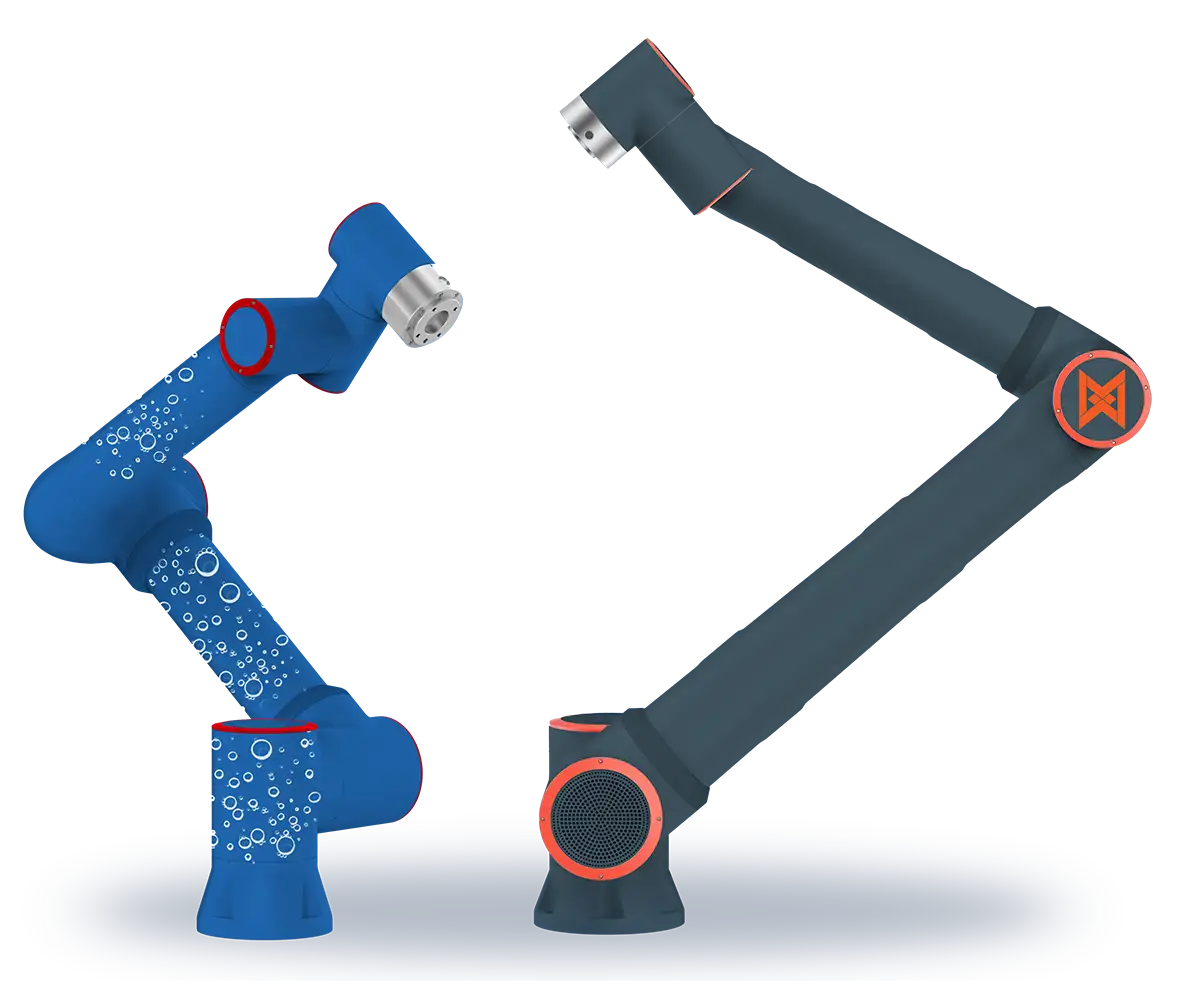 Two Visual Moco robot arms. One black and one blue