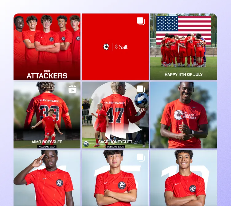 Instagram Feed mit Fußballspielern in roten Trikots, US-Flagge und Spielerporträts.