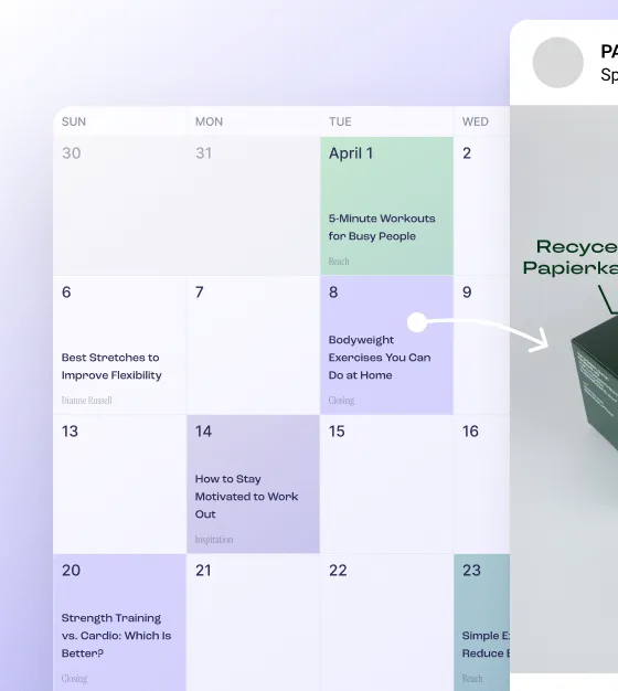 Kalenderansicht mit Terminen für April, rechts daneben ein Bild eines recycelten Papierkartons mit Text.
