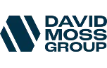 Logo der David Moss Group in Blau mit stilisiertem Hexagon Symbol.