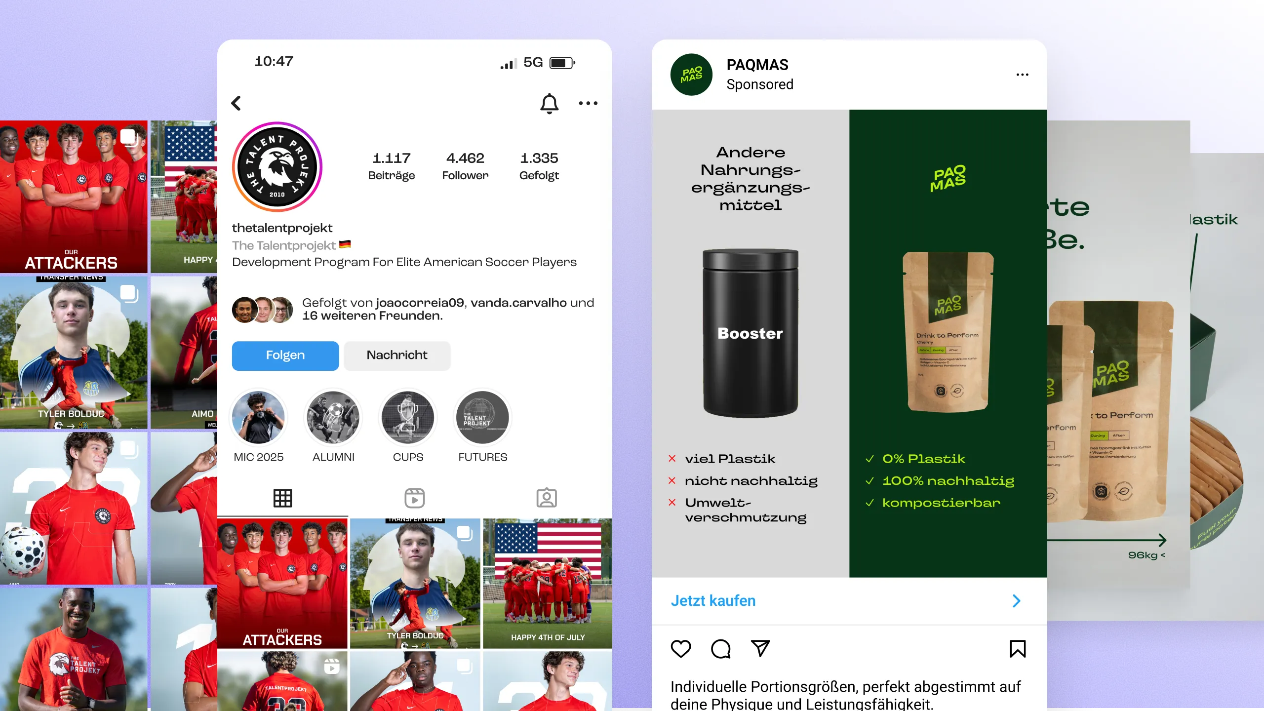 Instagram Profilansicht von The Talentprojekt mit Fußballspielern und daneben PAQMAS Werbung für nachhaltige Booster.