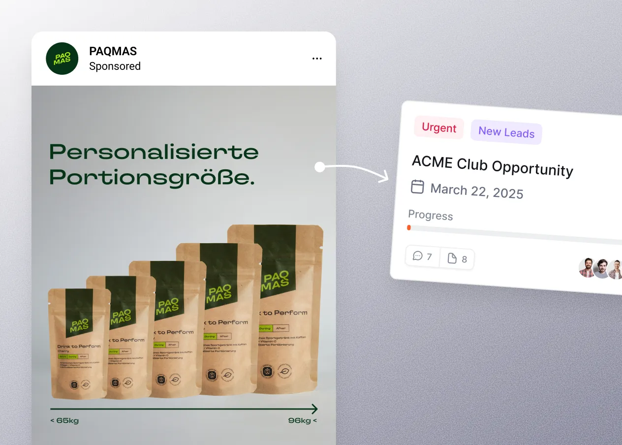 Werbeanzeige mit PAQMAS Beuteln in verschiedenen Größen und Text Personalisierte Portionsgröße, rechts ACME Club Opportunity Karte.