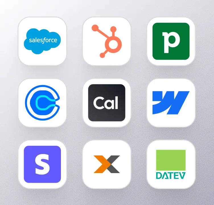 Neun App-Icons wie Salesforce, HubSpot, Pipedrive, Calendly, Webflow, Stripe, Lexoffice und Datev in einem Raster.