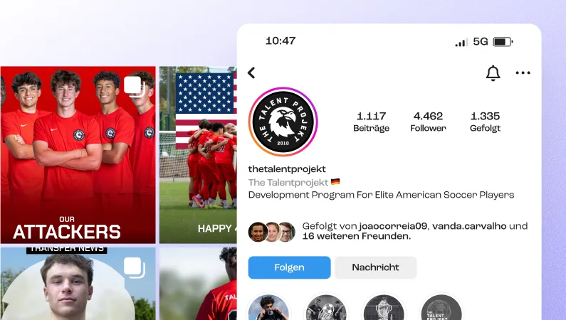 Instagram Profilansicht von The Talentprojekt mit Spielern in roten Trikots auf der linken Seite.