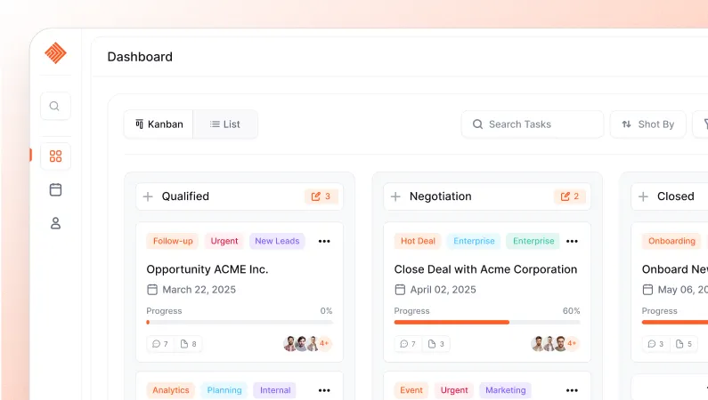 Dashboard mit Kanban-Board für Sales Pipeline, Spalten Qualified, Negotiation und Closed mit Aufgaben.