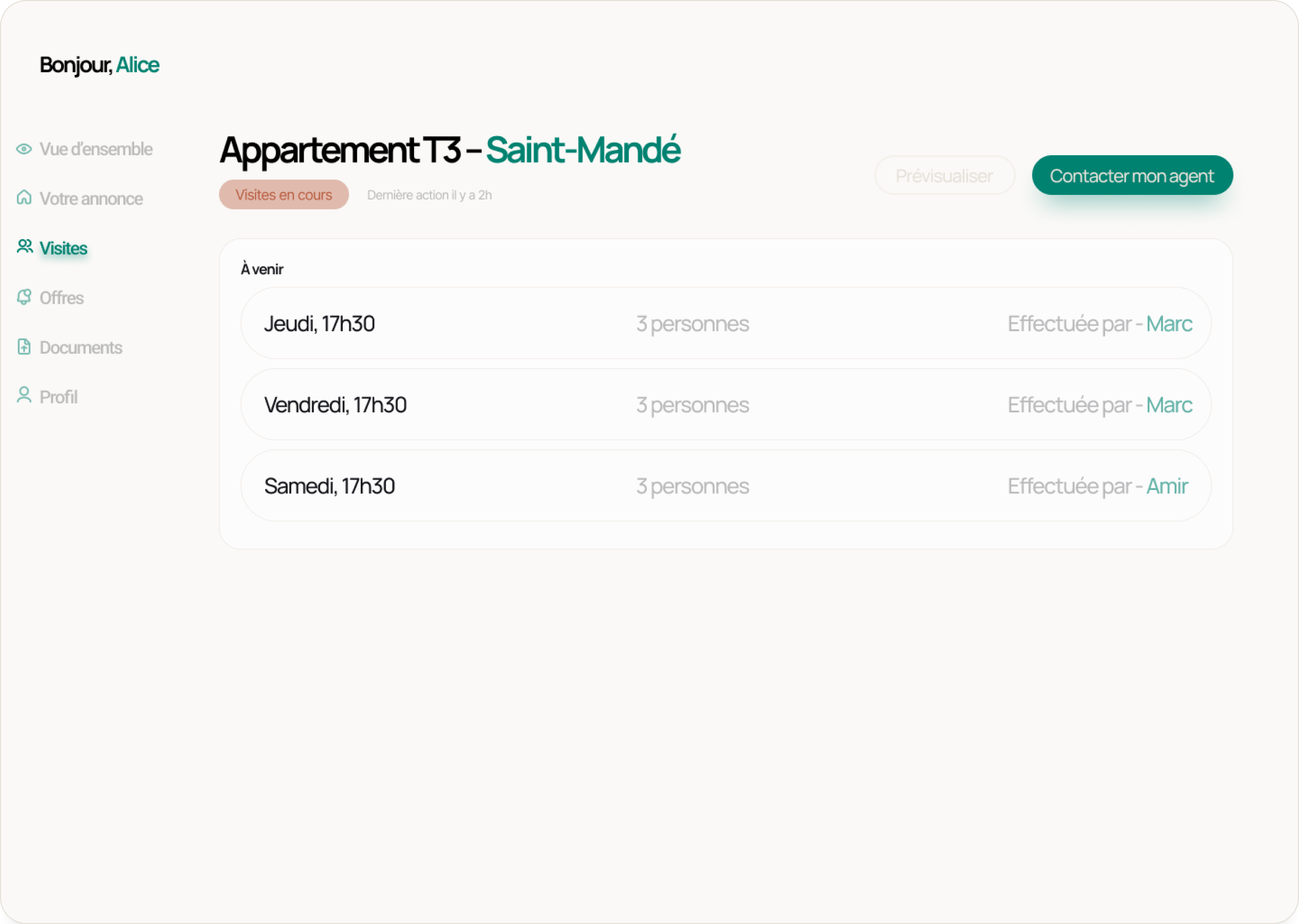 Interface vendeur matchimo section visites qui vous permet de voir quelles sont les prochaines visites à noter