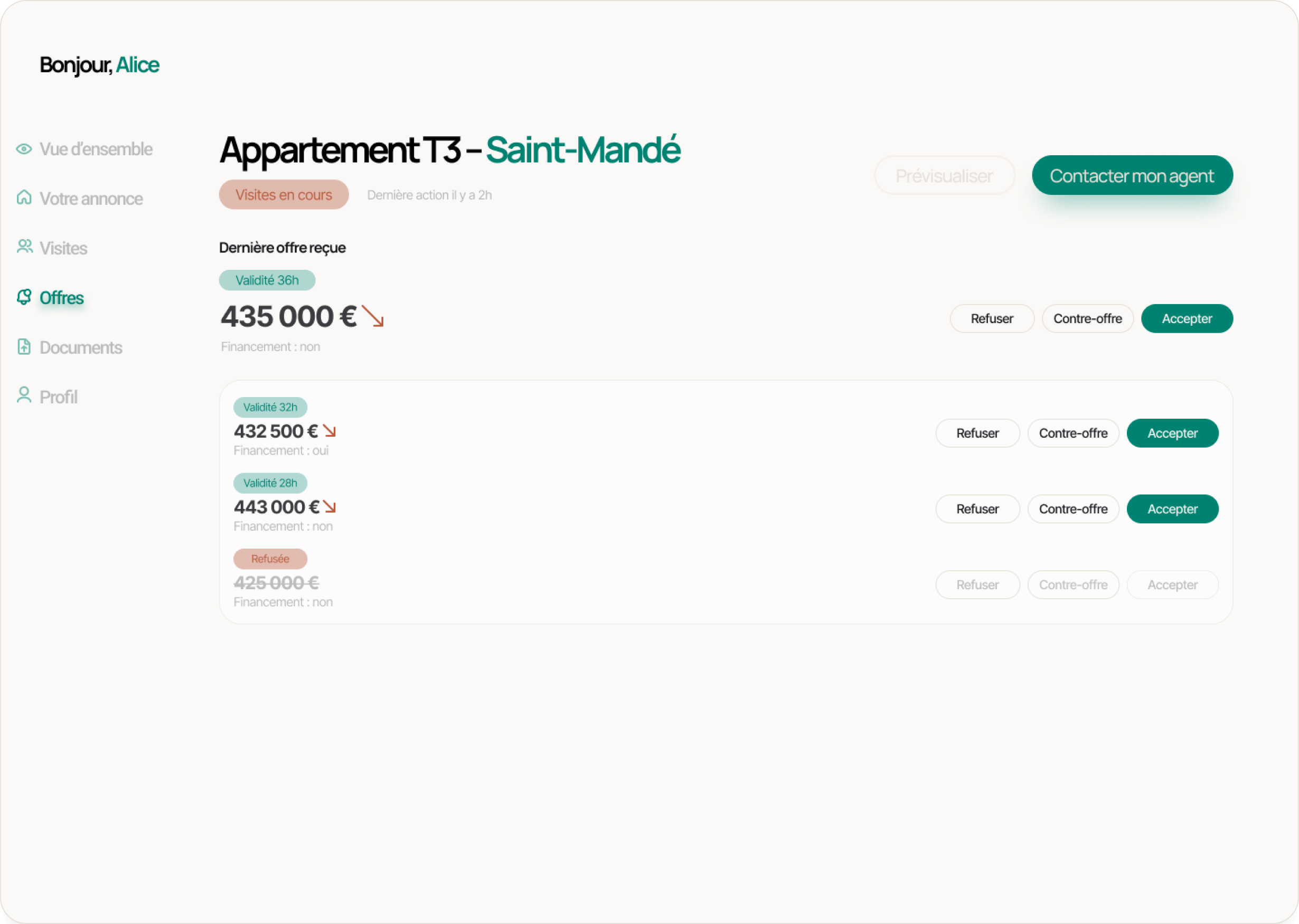 Interface vendeur matchimo section offres où vous pouvez consulter, accepter, refuser ou faire des contre-offres aux offres soumises pour votre bien