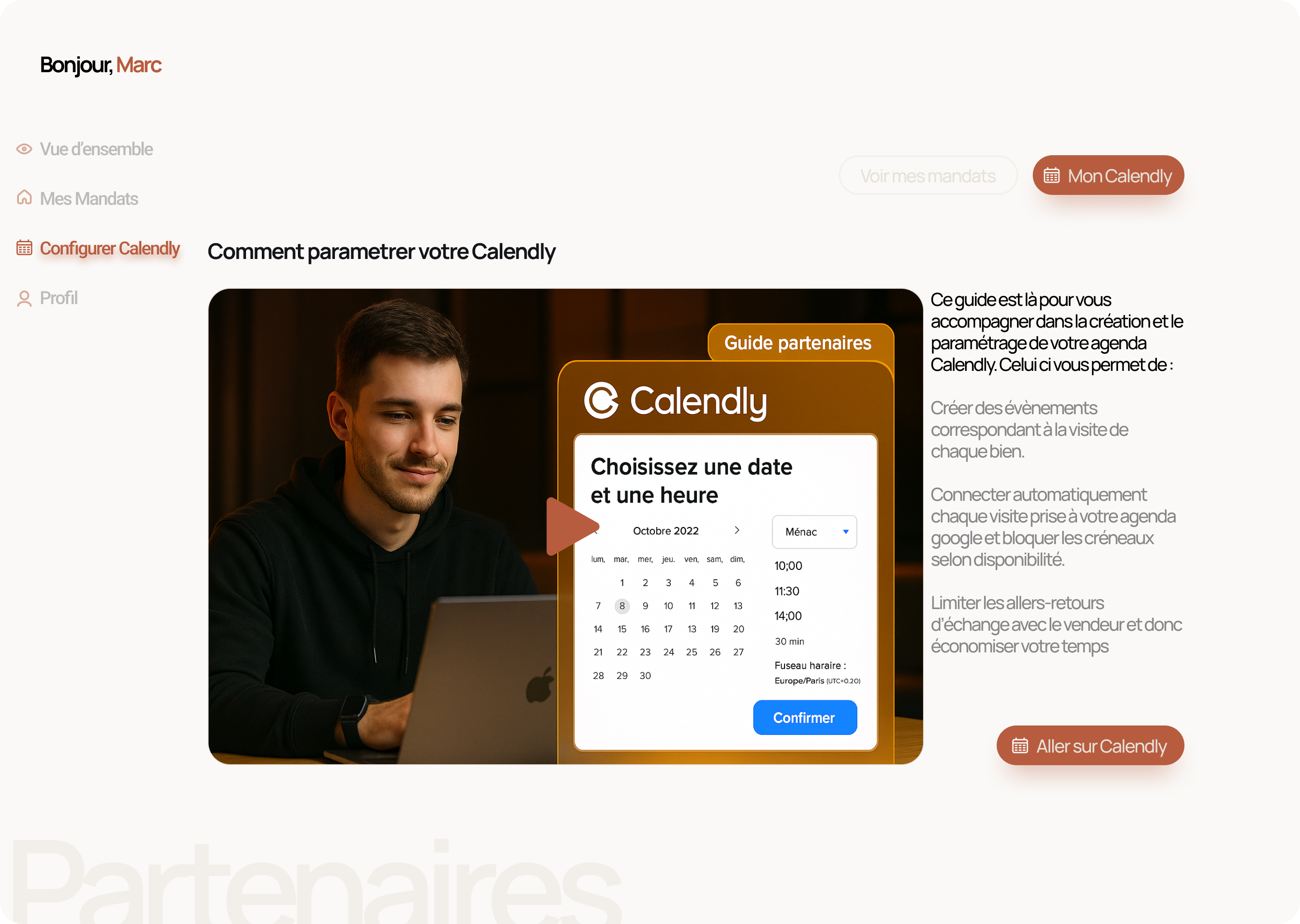 Interface vendeur matchimo section visites qui vous permet de voir quelles sont les prochaines visites à noter