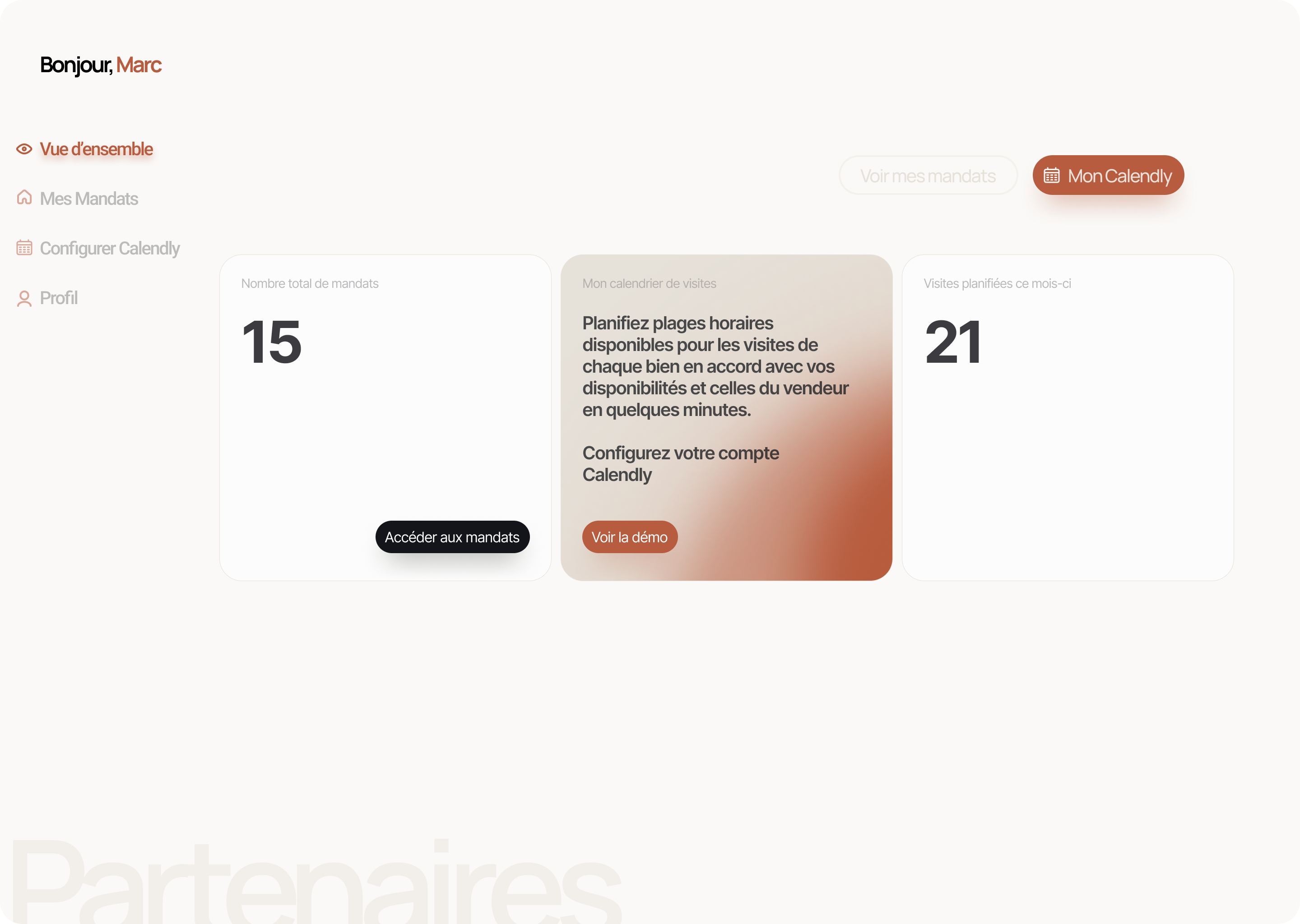 Interface vendeur matchimo section vue d'ensemble regroupant des informations globales sur votre annonce