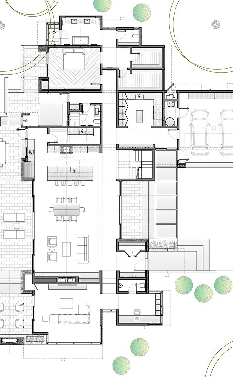 Architectural floor plan of a modern single-story house showing bedrooms, bathrooms, kitchen, dining, living areas, garage, and outdoor spaces with surrounding trees.
