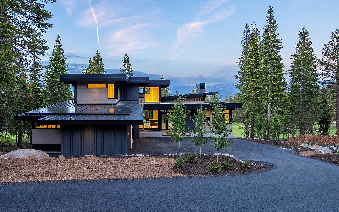 Modern two-story house with black metal roof and large windows, surrounded by tall pine trees at dusk.