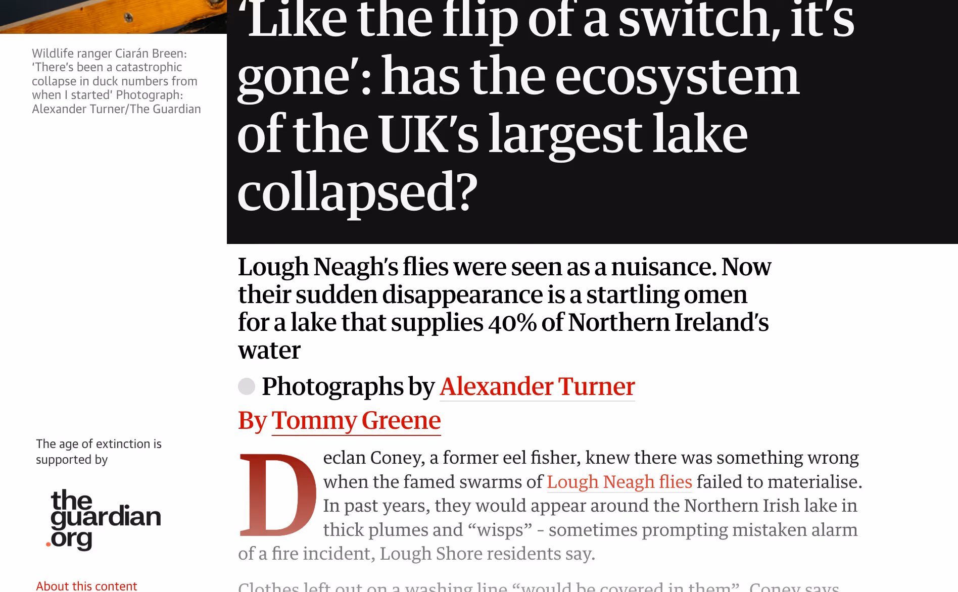 Screenshot of Article in the Guardian titled "'Like the flip of a switch, it's gone': has the ecosystem of the UK's largest lake collapsed?"