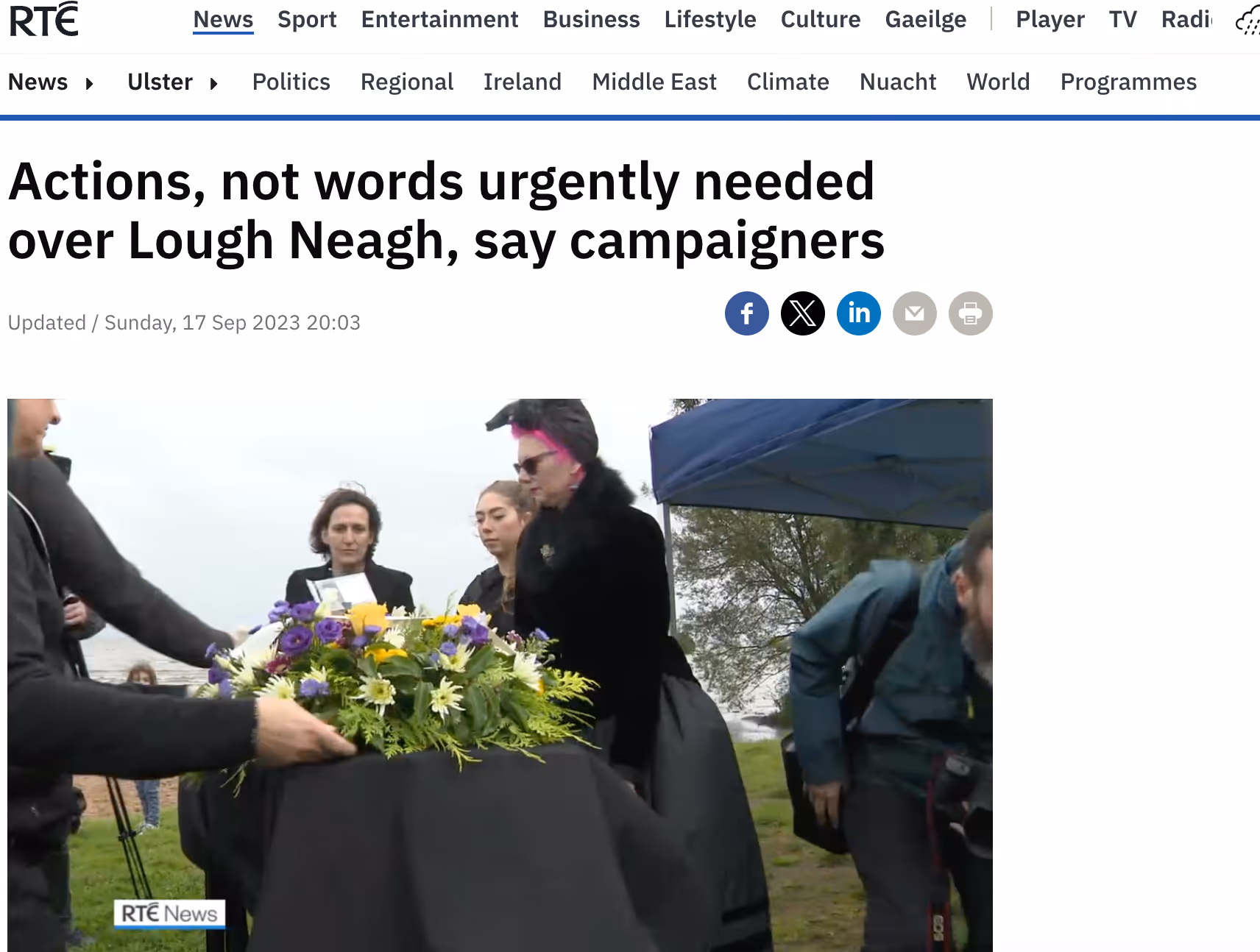 Screen shot of article "Actions, not words urgently needed over Lough Neagh, say campaigners"